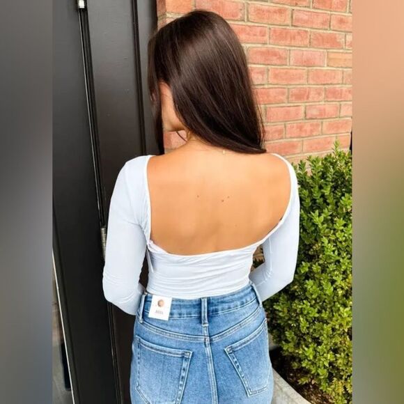 NWOT Free People Low Back Seamless Long Sleeve Top Sz XS in Color Skywriting - Picture 11 of 12